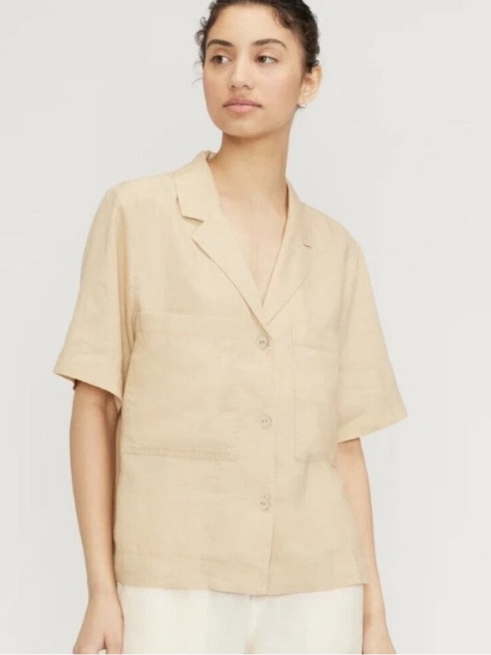 EVERLANE LINEN WORKWEAR SHIRT IN WARM KHAKI Small